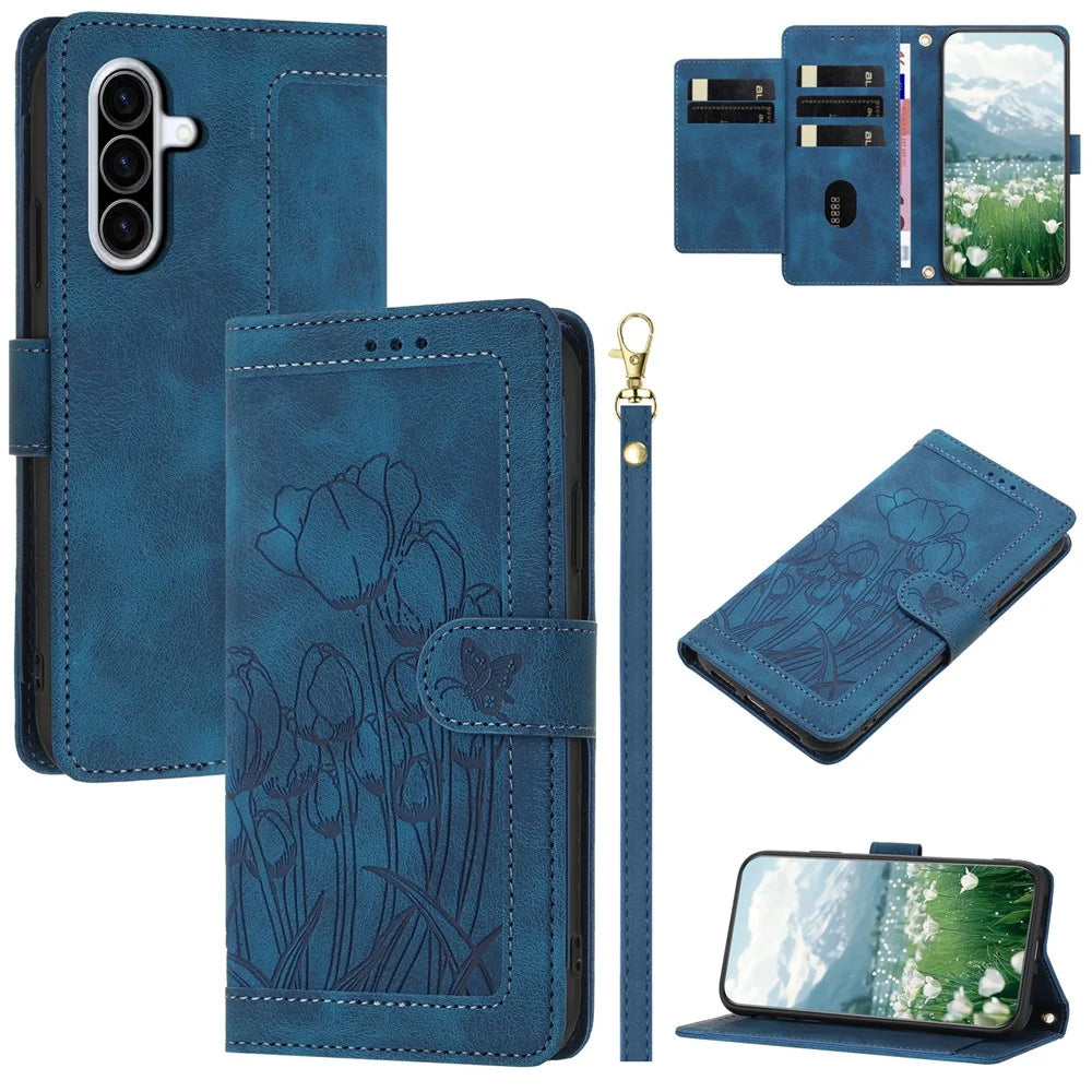 For Samsung Galaxy A37 5G Case Tulip Leather Phone Cover with 5 Card Slots Wallet - Blue - 1
