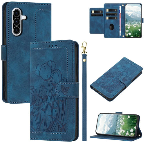 For Samsung Galaxy A37 5G Case Tulip Leather Phone Cover with 5 Card Slots Wallet - Blue - 1