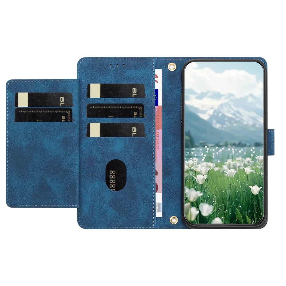 For Samsung Galaxy A37 5G Case Tulip Leather Phone Cover with 5 Card Slots Wallet - Blue - 3