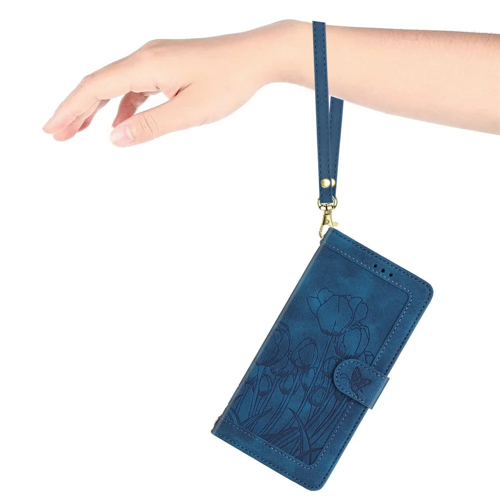 For Samsung Galaxy A37 5G Case Tulip Leather Phone Cover with 5 Card Slots Wallet - Blue - 4