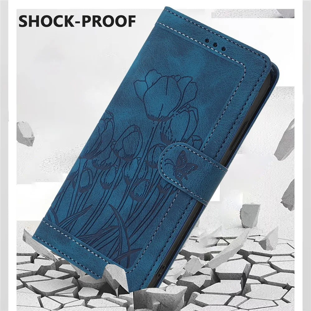 For Samsung Galaxy A37 5G Case Tulip Leather Phone Cover with 5 Card Slots Wallet - Blue - 5