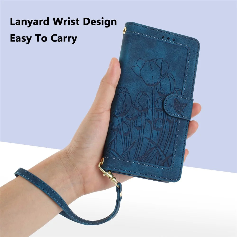 For Samsung Galaxy A37 5G Case Tulip Leather Phone Cover with 5 Card Slots Wallet - Blue - 6