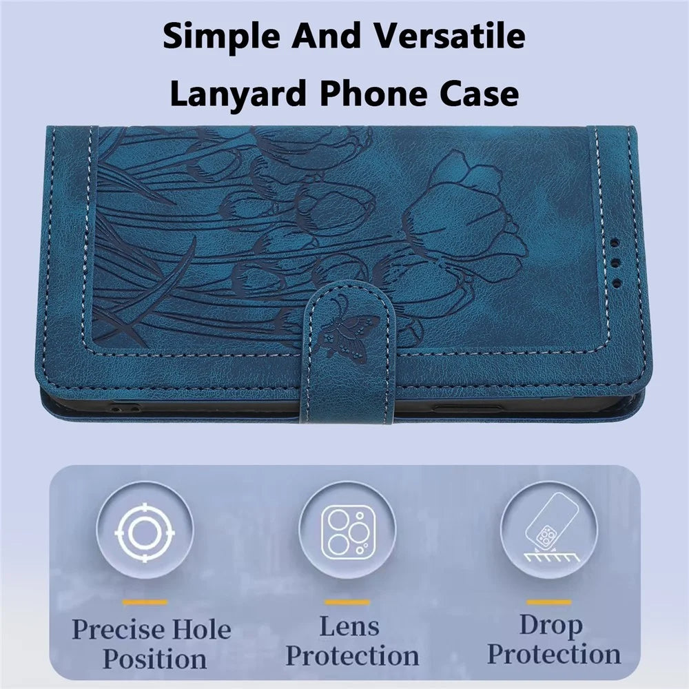 For Samsung Galaxy A37 5G Case Tulip Leather Phone Cover with 5 Card Slots Wallet - Blue - 7