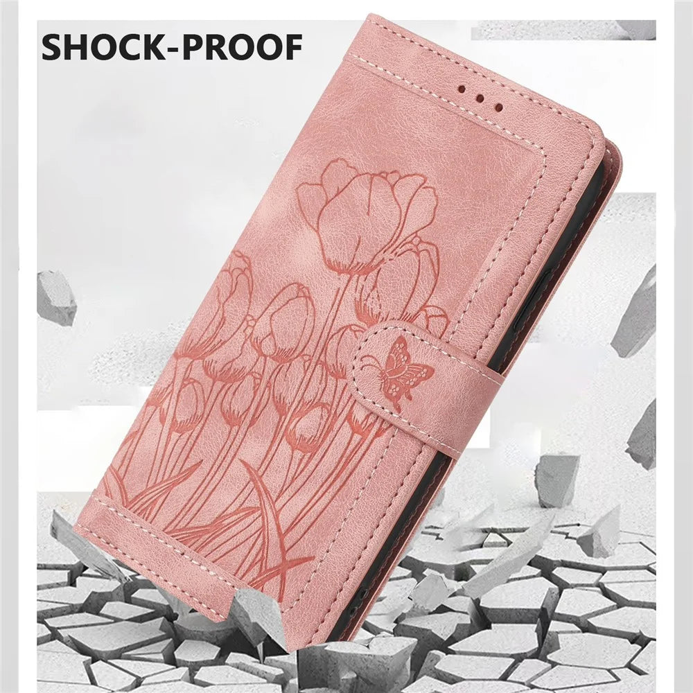 For Samsung Galaxy A57 5G Case Tulip Leather Phone Cover with 5 Card Slots Wallet - Pink - 5