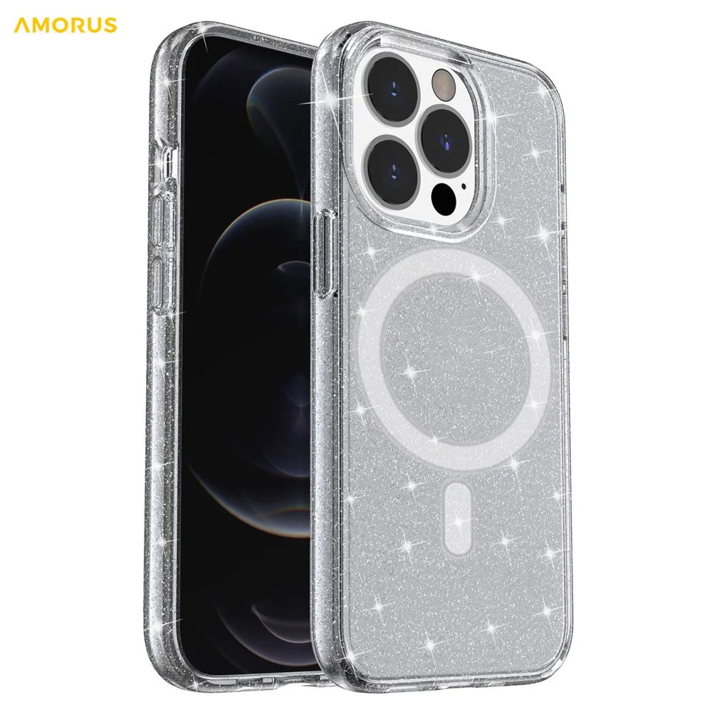 AMORUS For iPhone 13 Pro Max Magnetic Case Compatible with MagSafe Glitter Powder PC + TPU Phone Cover - Black - 2