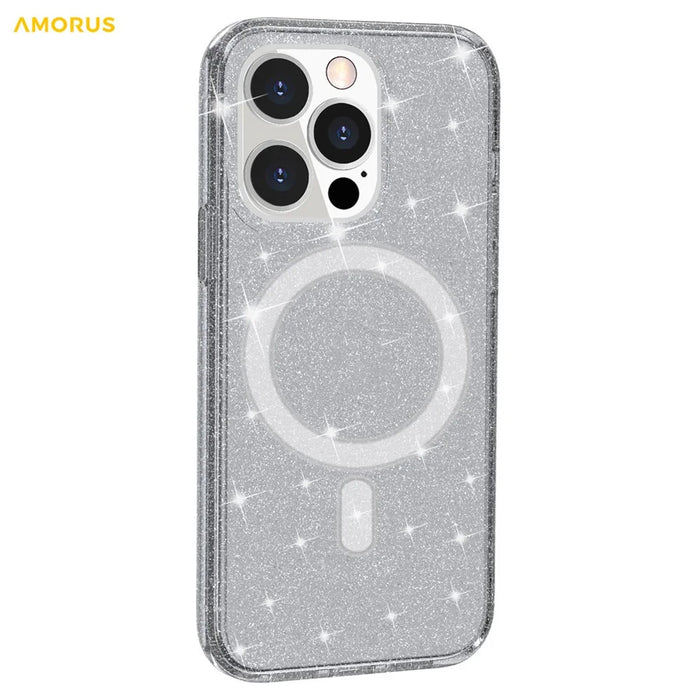 AMORUS For iPhone 13 Pro Max Magnetic Case Compatible with MagSafe Glitter Powder PC + TPU Phone Cover - Black - 4