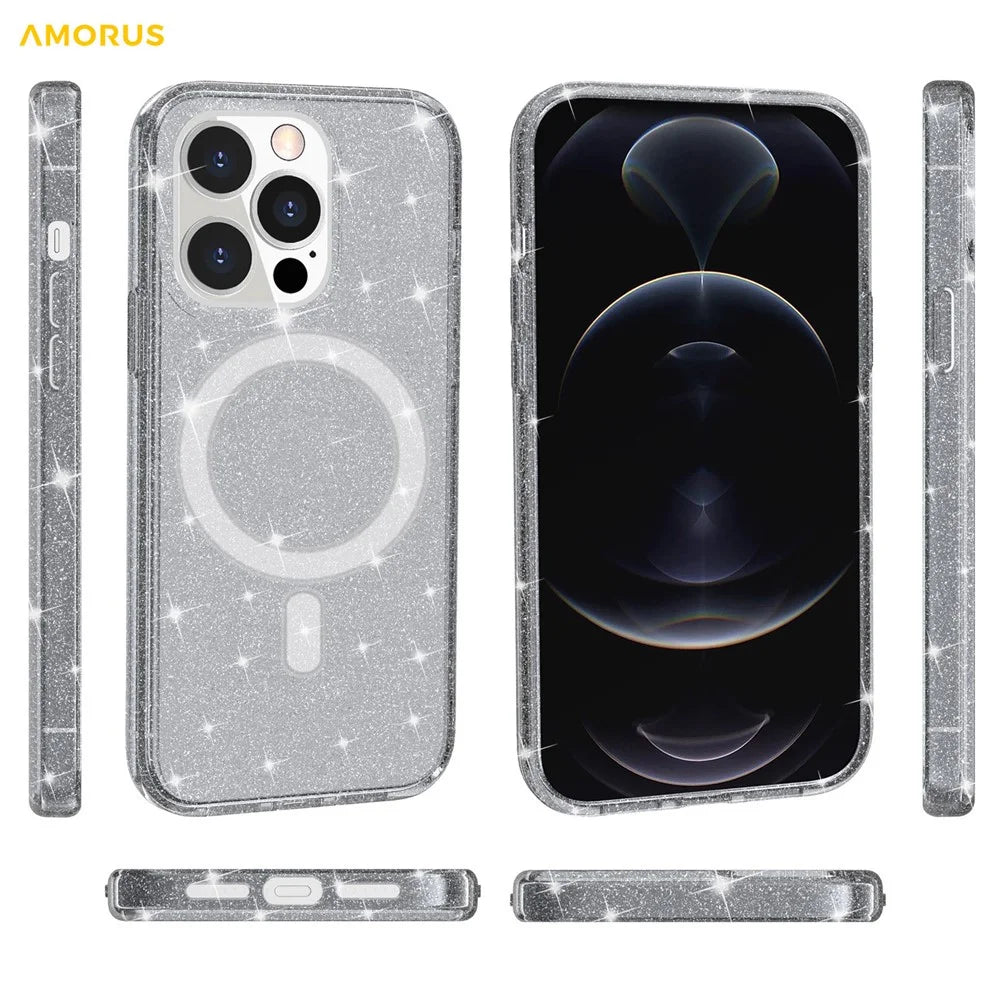AMORUS For iPhone 13 Pro Max Magnetic Case Compatible with MagSafe Glitter Powder PC + TPU Phone Cover - Black - 6
