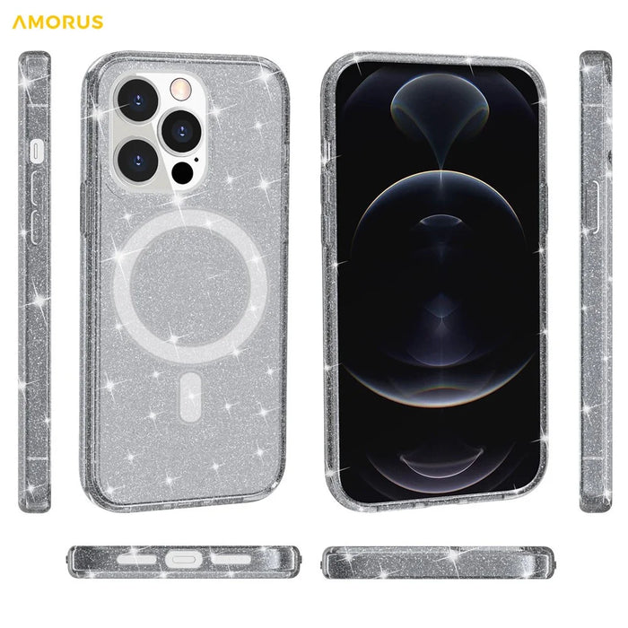 AMORUS For iPhone 13 Pro Max Magnetic Case Compatible with MagSafe Glitter Powder PC + TPU Phone Cover - Black - 6