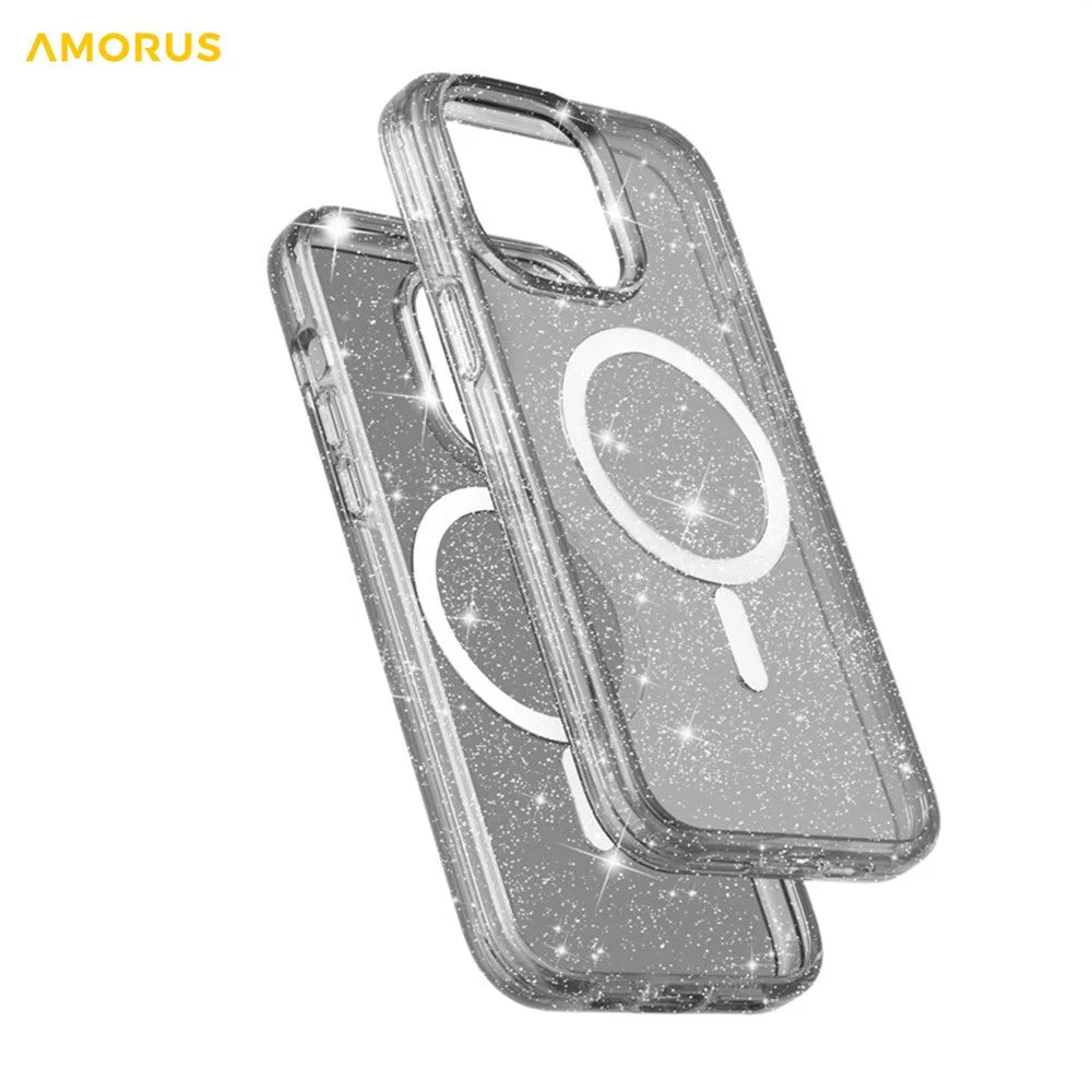 AMORUS For iPhone 13 Pro Magnetic Case Compatible with MagSafe Glitter Powder PC + TPU Phone Cover - Black - 3
