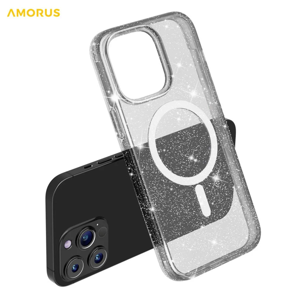 AMORUS For iPhone 13 Pro Magnetic Case Compatible with MagSafe Glitter Powder PC + TPU Phone Cover - Black - 4