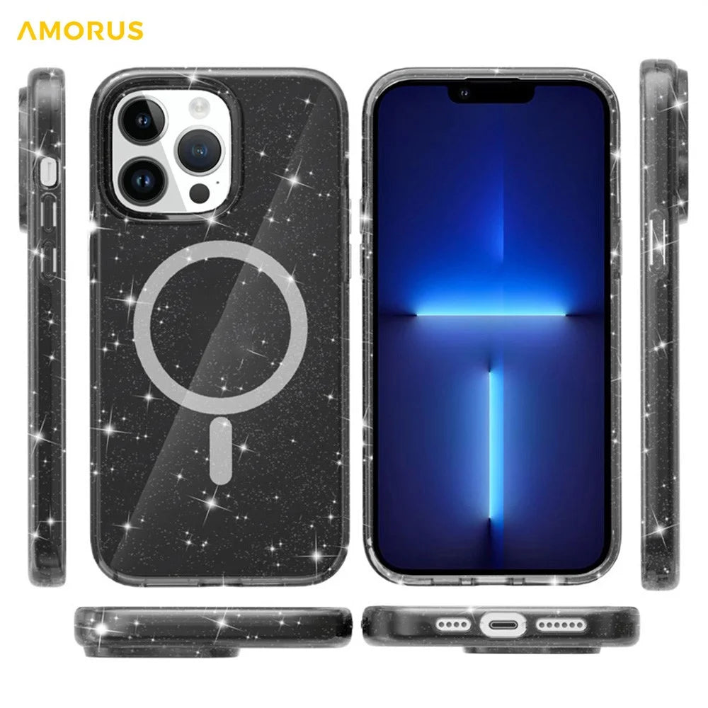 AMORUS For iPhone 13 Pro Magnetic Case Compatible with MagSafe Glitter Powder PC + TPU Phone Cover - Black - 5