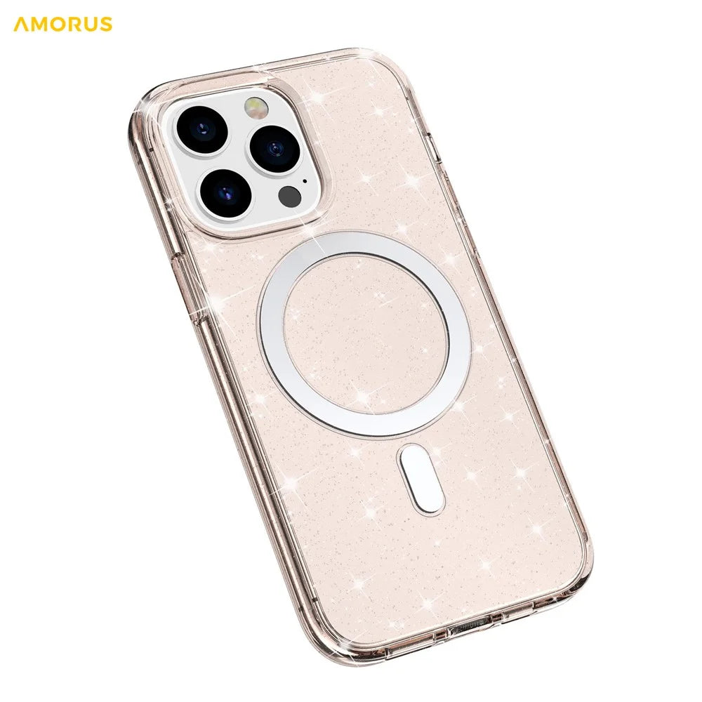 AMORUS For iPhone 14 Pro Max Magnetic Case Compatible with MagSafe Glitter Powder PC + TPU Phone Cover - Gold - 5
