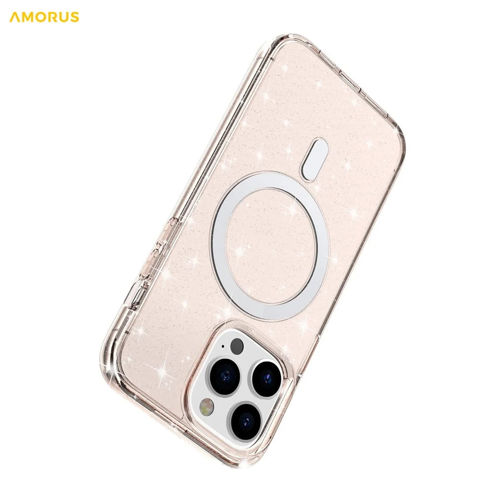 AMORUS For iPhone 14 Pro Max Magnetic Case Compatible with MagSafe Glitter Powder PC + TPU Phone Cover - Gold - 6