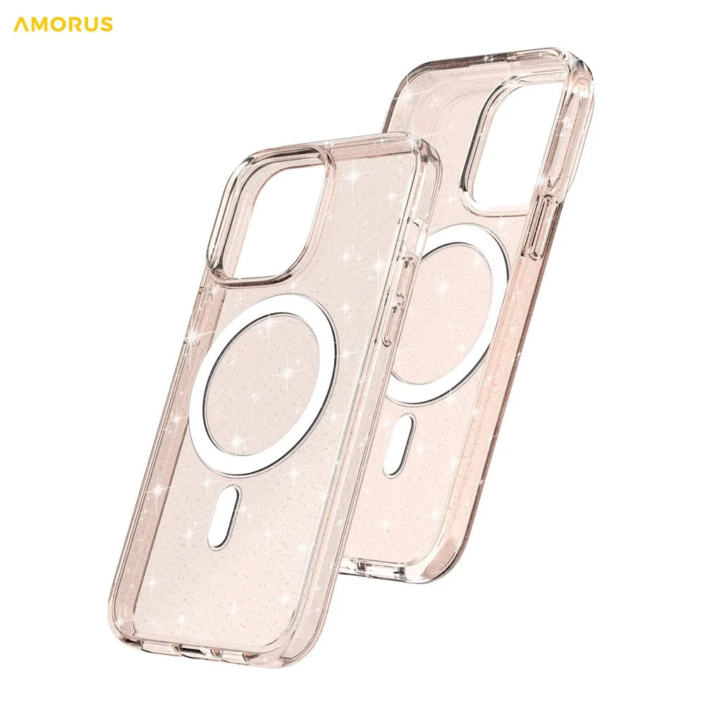 AMORUS For iPhone 14 Pro Max Magnetic Case Compatible with MagSafe Glitter Powder PC + TPU Phone Cover - Gold - 7