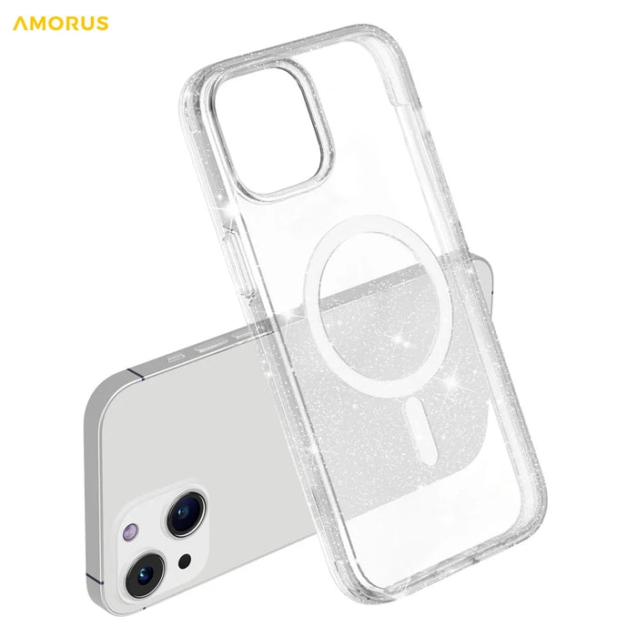 AMORUS For iPhone 15 Magnetic Case Compatible with MagSafe Glitter Powder PC + TPU Phone Cover - White - 5