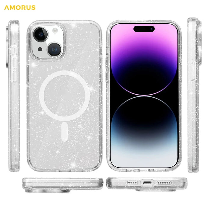 AMORUS For iPhone 15 Magnetic Case Compatible with MagSafe Glitter Powder PC + TPU Phone Cover - White - 6