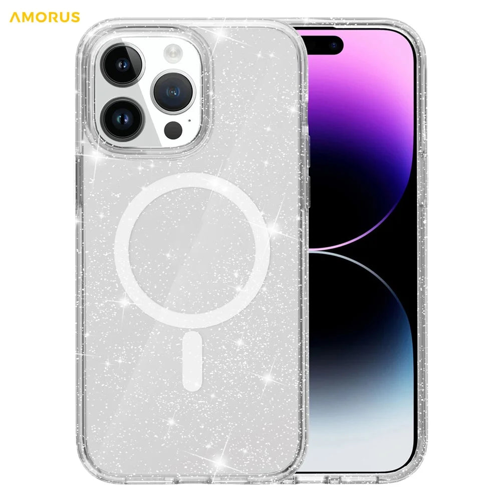 AMORUS For iPhone 15 Pro Magnetic Case Compatible with MagSafe Glitter Powder PC + TPU Phone Cover - White - 3