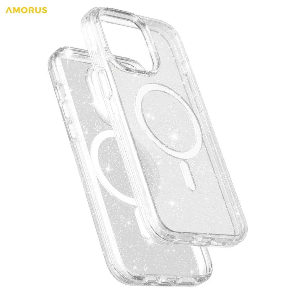 AMORUS For iPhone 15 Pro Magnetic Case Compatible with MagSafe Glitter Powder PC + TPU Phone Cover - White - 4