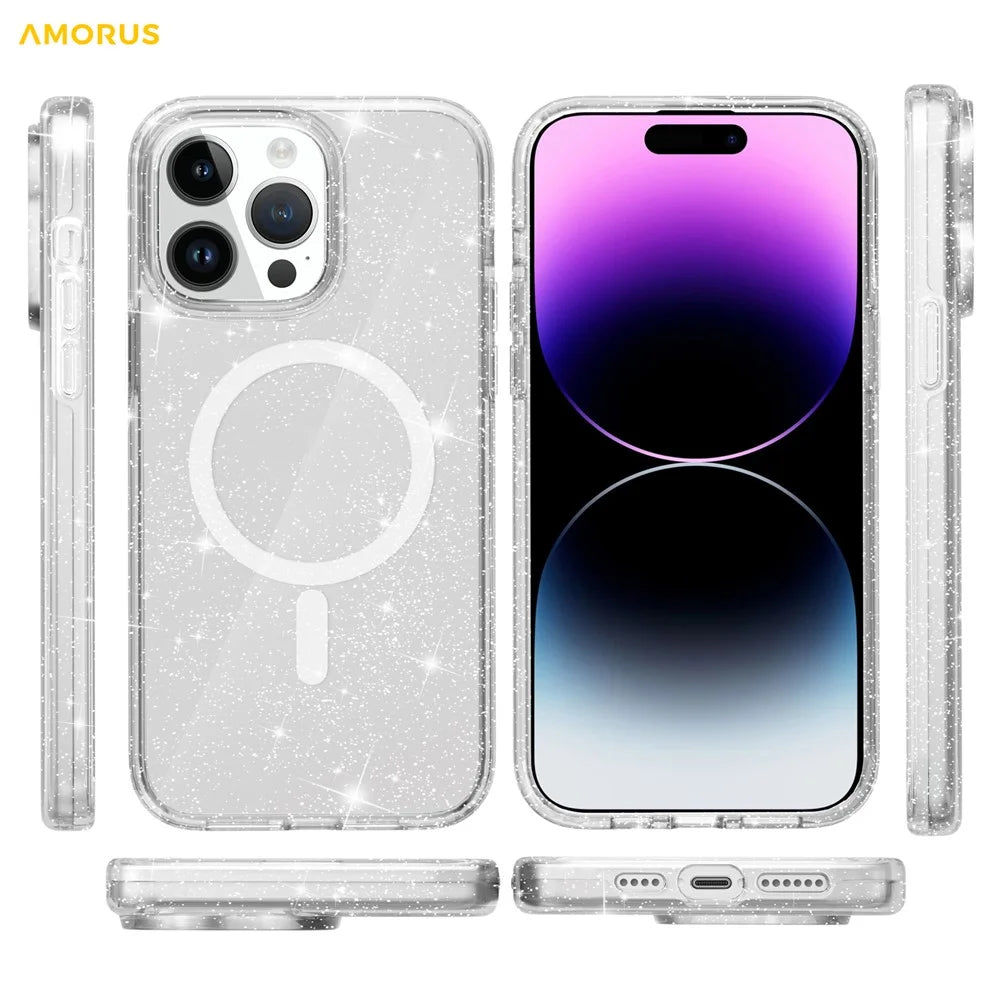 AMORUS For iPhone 15 Pro Magnetic Case Compatible with MagSafe Glitter Powder PC + TPU Phone Cover - White - 6