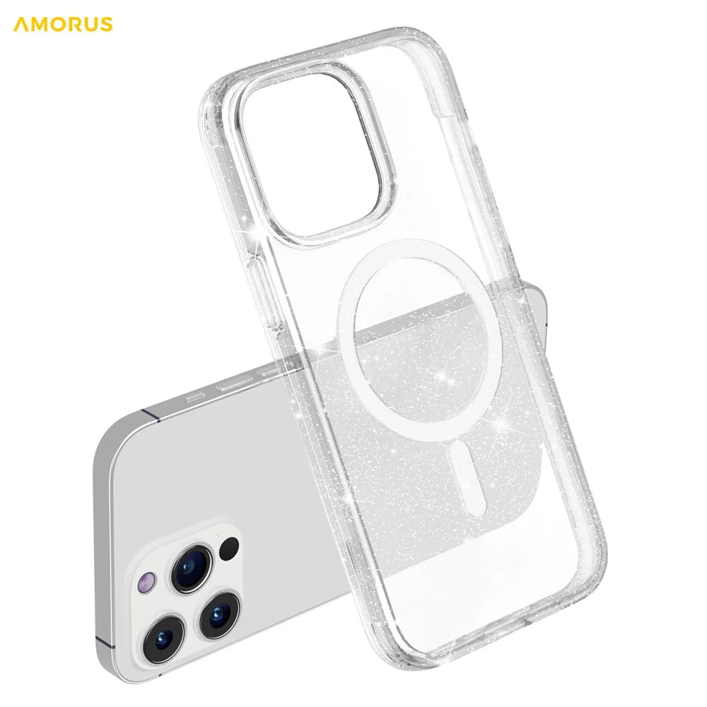 AMORUS For iPhone 15 Pro Max Magnetic Case Compatible with MagSafe Glitter Powder PC + TPU Phone Cover - White - 5