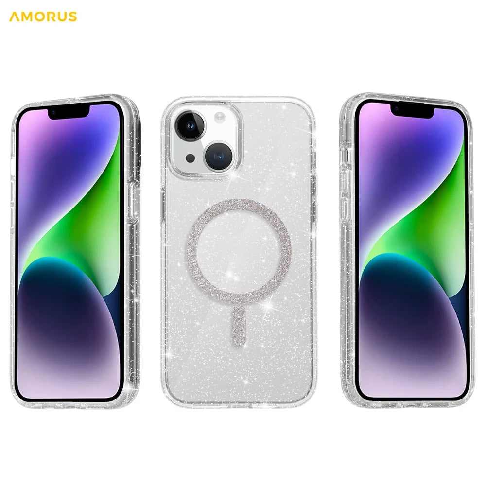 AMORUS Phone Magnetic Case For iPhone 15 Plus  /  14 Plus Compatible with MagSafe Glitter Powder PC + TPU Phone Cover - 3