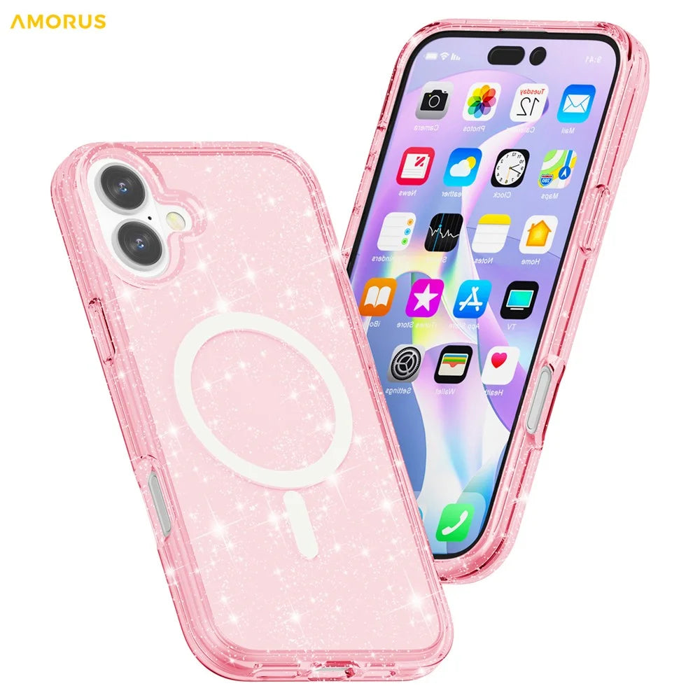 AMORUS For iPhone 16 Plus Magnetic Case Compatible with MagSafe Glitter Powder PC + TPU Phone Cover - Pink - 3