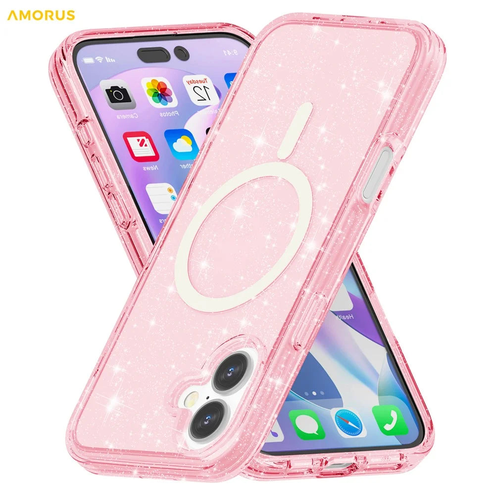 AMORUS For iPhone 16 Plus Magnetic Case Compatible with MagSafe Glitter Powder PC + TPU Phone Cover - Pink - 4