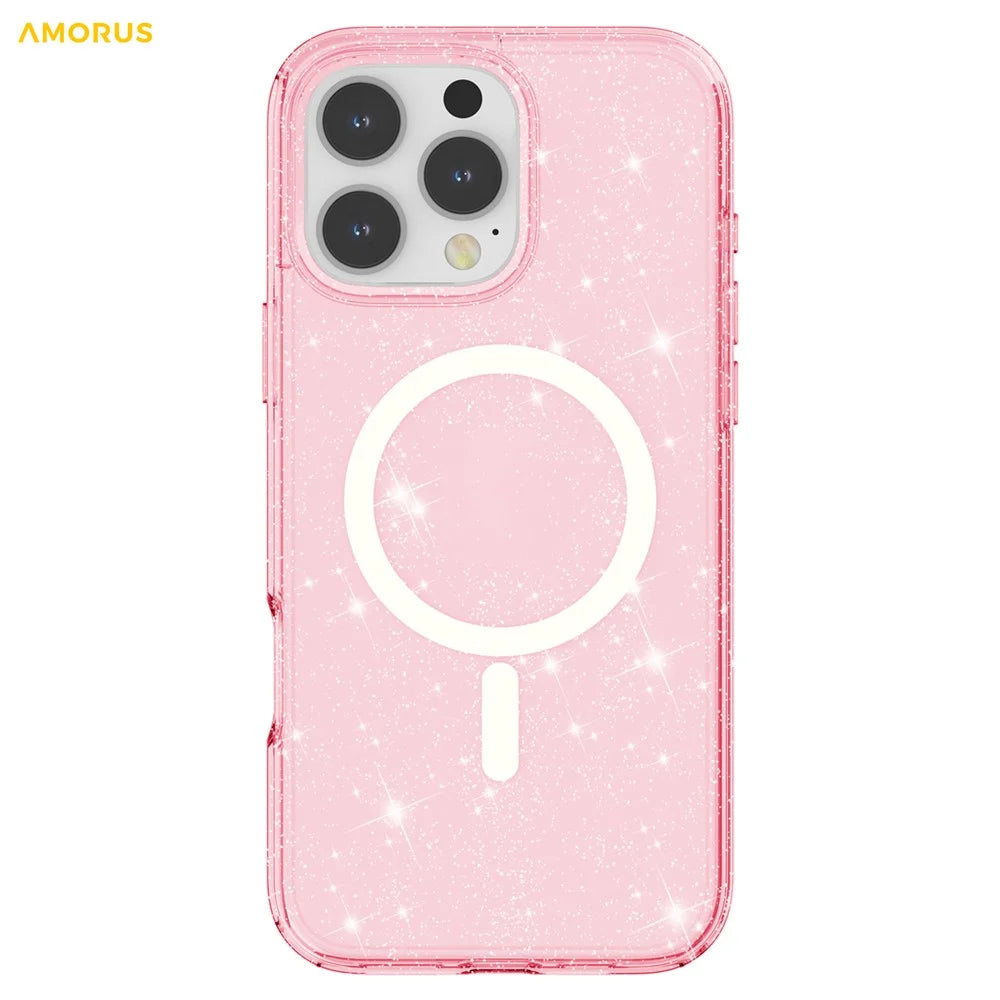 AMORUS For iPhone 16 Pro Max Magnetic Case Compatible with MagSafe Glitter Powder PC + TPU Phone Cover - Pink - 2