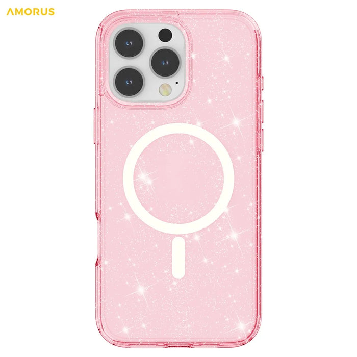 AMORUS For iPhone 16 Pro Max Magnetic Case Compatible with MagSafe Glitter Powder PC + TPU Phone Cover - Pink - 2