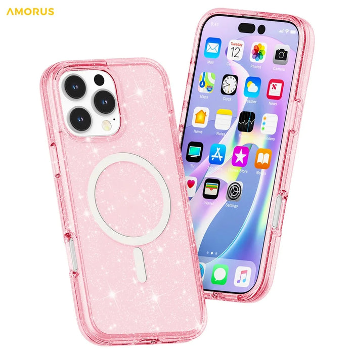 AMORUS For iPhone 16 Pro Max Magnetic Case Compatible with MagSafe Glitter Powder PC + TPU Phone Cover - Pink - 3