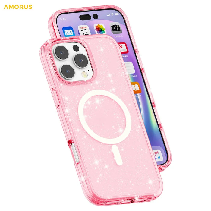 AMORUS For iPhone 16 Pro Max Magnetic Case Compatible with MagSafe Glitter Powder PC + TPU Phone Cover - Pink - 5