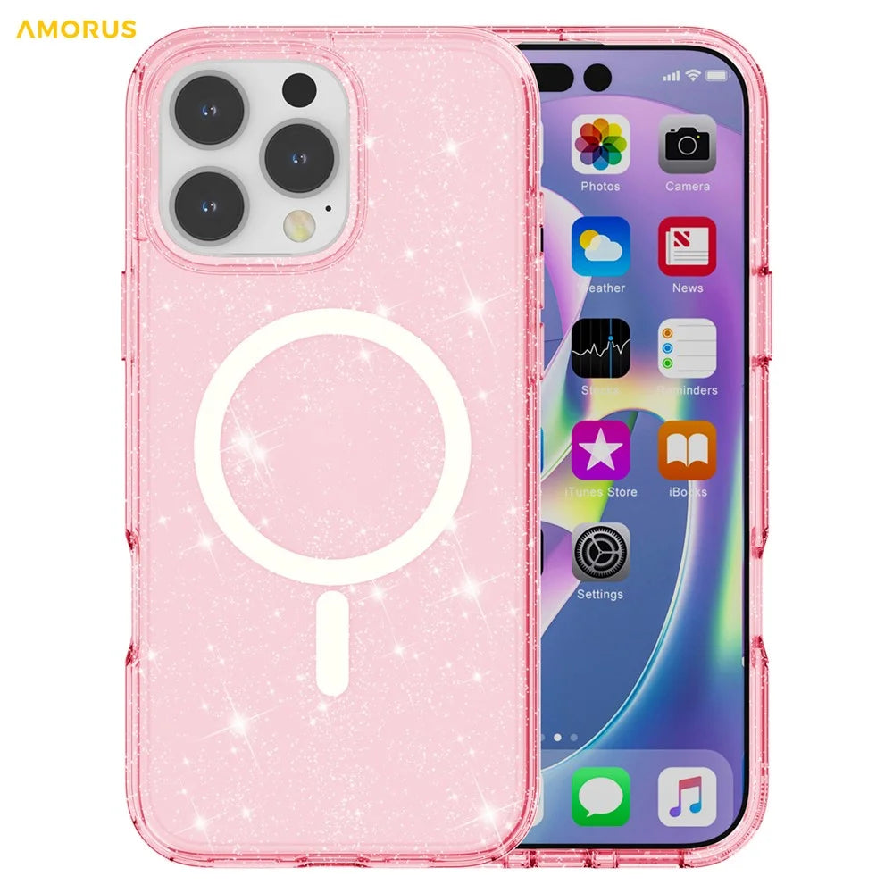 AMORUS For iPhone 16 Pro Max Magnetic Case Compatible with MagSafe Glitter Powder PC + TPU Phone Cover - Pink - 7