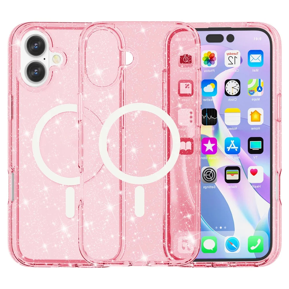 AMORUS For iPhone 16 Magnetic Case Compatible with MagSafe Glitter Powder PC + TPU Phone Cover - Pink - 1