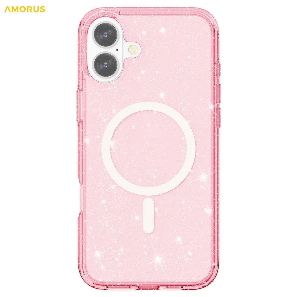 AMORUS For iPhone 16 Magnetic Case Compatible with MagSafe Glitter Powder PC + TPU Phone Cover - Pink - 2