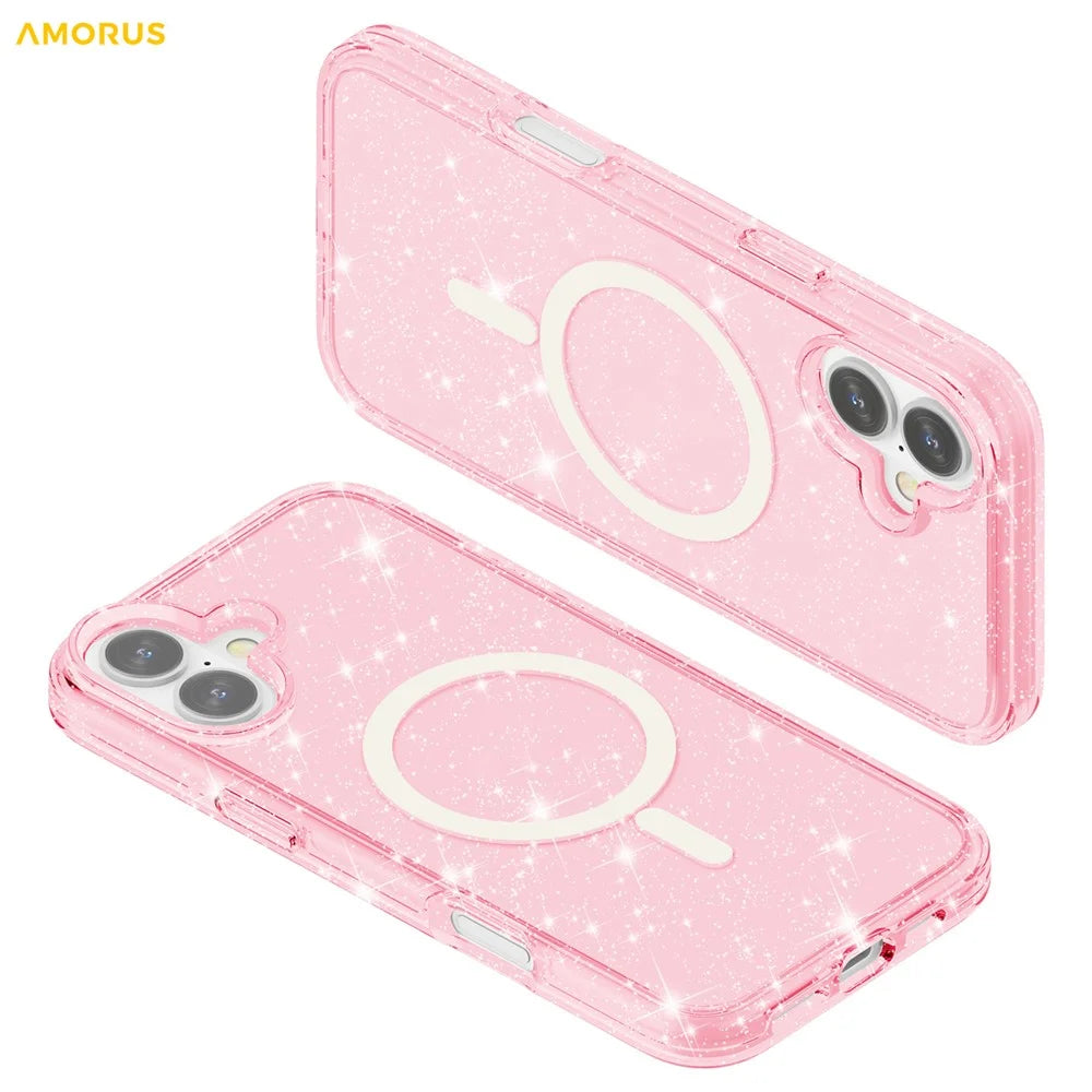 AMORUS For iPhone 16 Magnetic Case Compatible with MagSafe Glitter Powder PC + TPU Phone Cover - Pink - 5