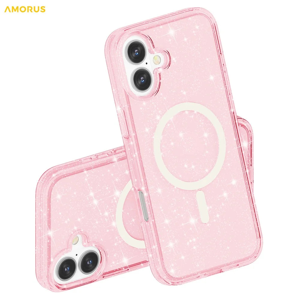 AMORUS For iPhone 16 Magnetic Case Compatible with MagSafe Glitter Powder PC + TPU Phone Cover - Pink - 6