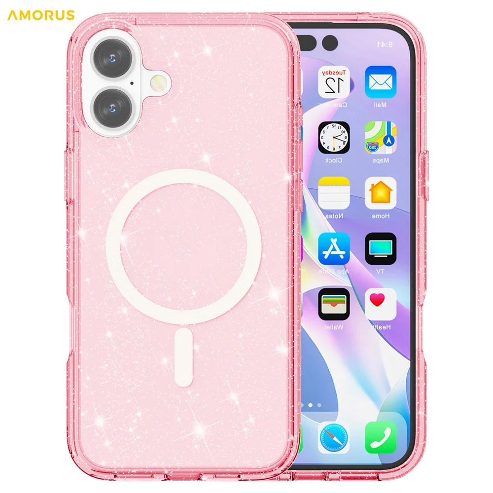 AMORUS For iPhone 16 Magnetic Case Compatible with MagSafe Glitter Powder PC + TPU Phone Cover - Pink - 7