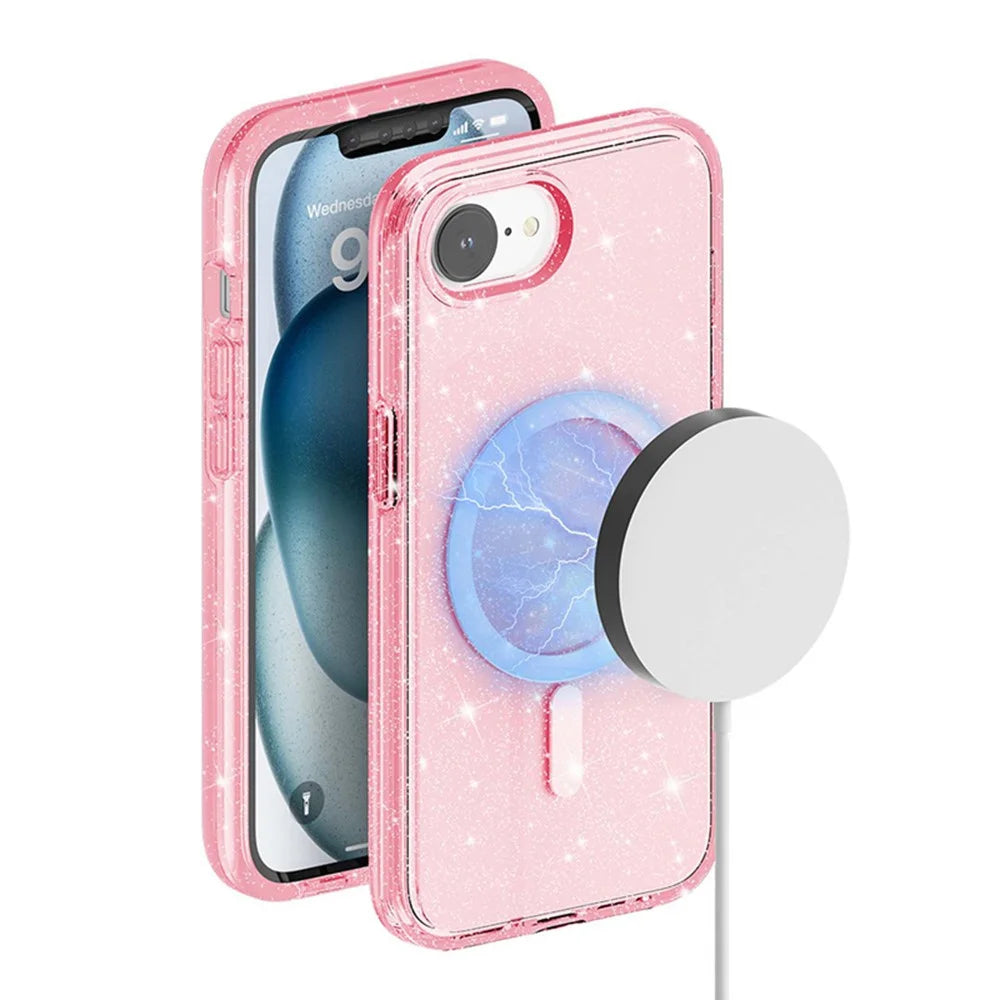 AMORUS For iPhone 17e / 16e Magnetic Case Compatible with MagSafe Glitter Powder PC + TPU Phone Cover - Pink - 1