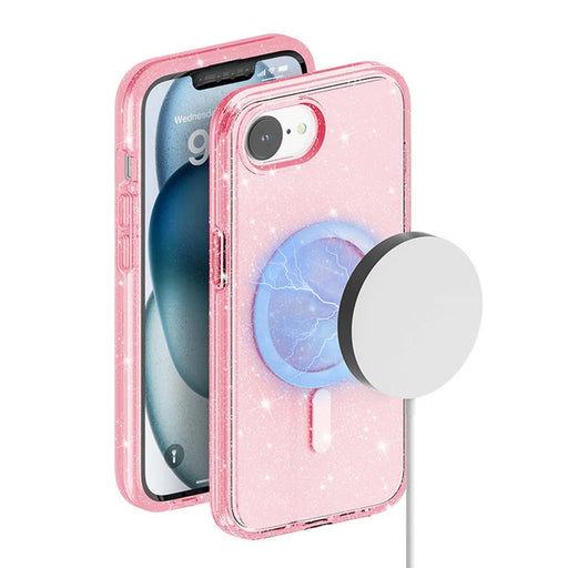 AMORUS For iPhone 17e / 16e Magnetic Case Compatible with MagSafe Glitter Powder PC + TPU Phone Cover - Pink - 1