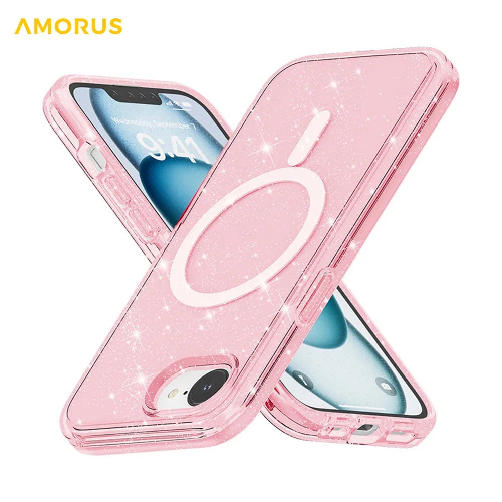 AMORUS For iPhone 17e / 16e Magnetic Case Compatible with MagSafe Glitter Powder PC + TPU Phone Cover - Pink - 2