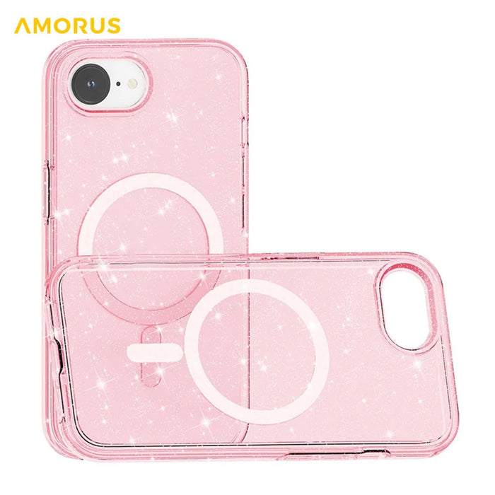 AMORUS For iPhone 17e / 16e Magnetic Case Compatible with MagSafe Glitter Powder PC + TPU Phone Cover - Pink - 3