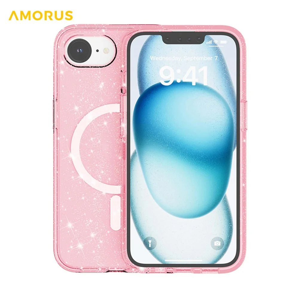 AMORUS For iPhone 17e / 16e Magnetic Case Compatible with MagSafe Glitter Powder PC + TPU Phone Cover - Pink - 4