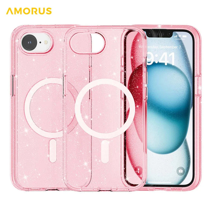 AMORUS For iPhone 17e / 16e Magnetic Case Compatible with MagSafe Glitter Powder PC + TPU Phone Cover - Pink - 5