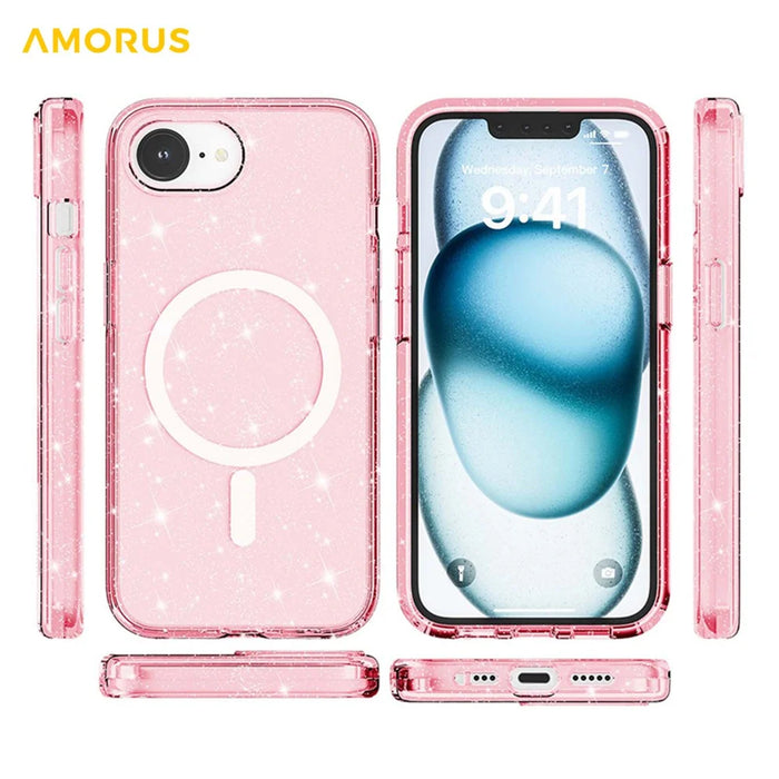 AMORUS For iPhone 17e / 16e Magnetic Case Compatible with MagSafe Glitter Powder PC + TPU Phone Cover - Pink - 6