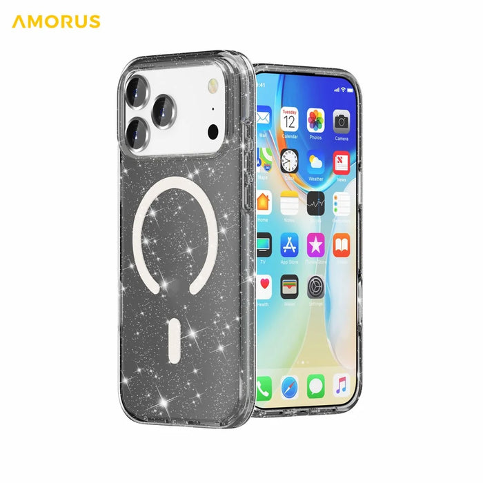 AMORUS For iPhone 17 Pro Magnetic Case Compatible with MagSafe Glitter Powder PC + TPU Phone Cover - Black - 4