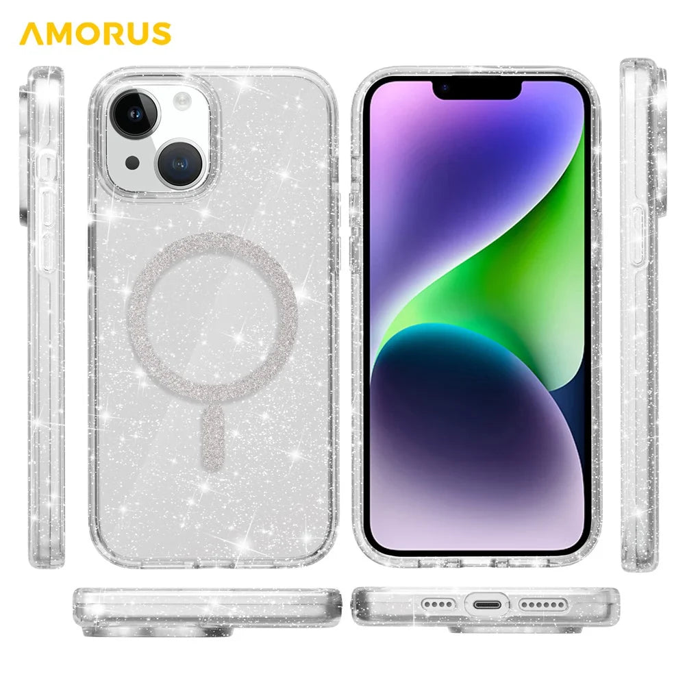 AMORUS Magnetic Case For iPhone 13  /  14 Compatible with MagSafe Glitter Powder PC + TPU Phone Cover - 7