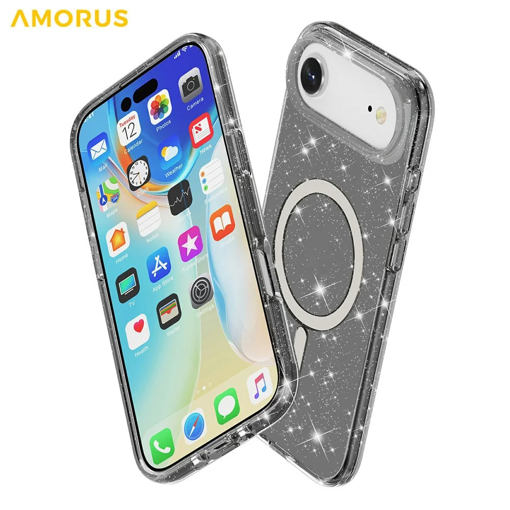 AMORUS For iPhone Air Magnetic Case Compatible with MagSafe Glitter Powder PC + TPU Phone Cover - Black - 5