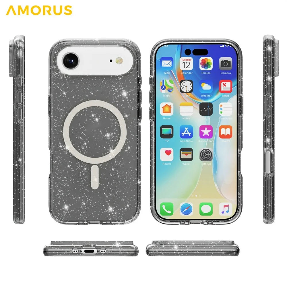 AMORUS For iPhone Air Magnetic Case Compatible with MagSafe Glitter Powder PC + TPU Phone Cover - Black - 7