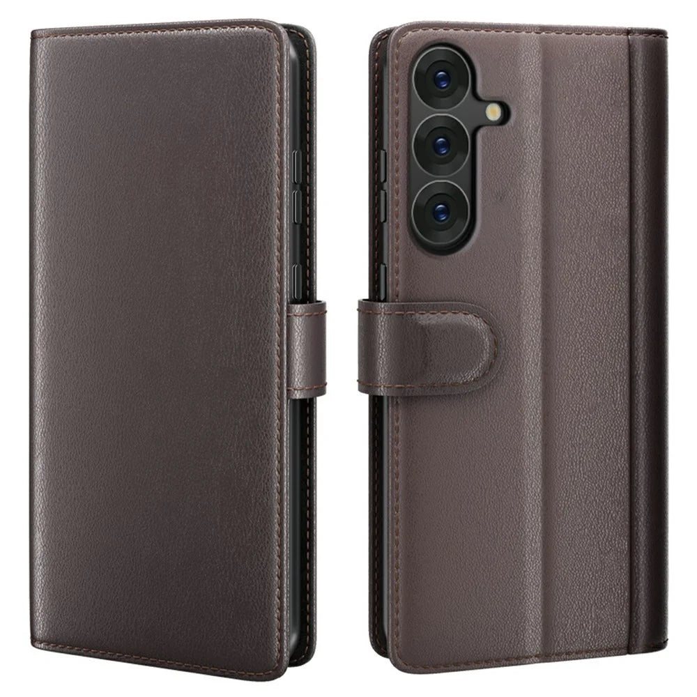AMORUS For Samsung Galaxy S26 Stand Cases Calf Texture Genuine Split Leather Wallet Phone Cover - Brown - 1