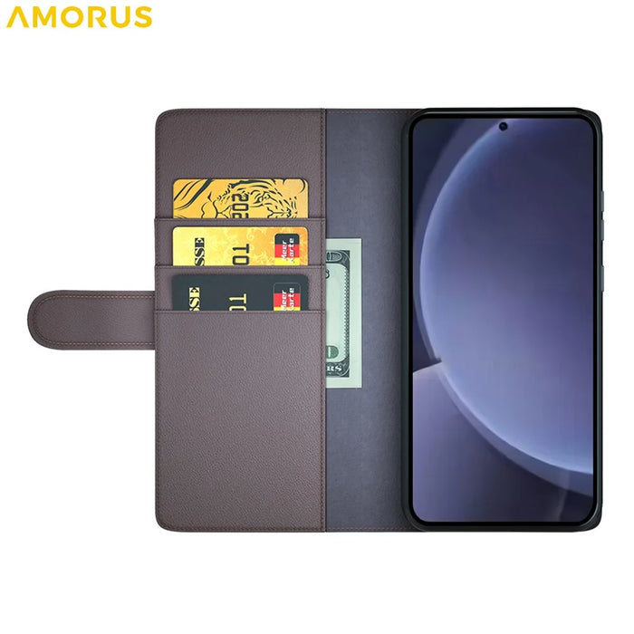 AMORUS For Samsung Galaxy S26 Stand Cases Calf Texture Genuine Split Leather Wallet Phone Cover - Brown - 2
